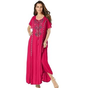 Roaman's Women's Plus Size A-Line Embroidered Crinkle Maxi Dress sz 14/16